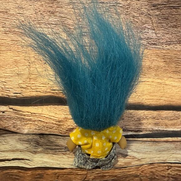 Vintage TNT  Troll Doll Blue Hair Yellow Polka Dot Shirt Stone Pants 3” Figure - Picture 3 of 6